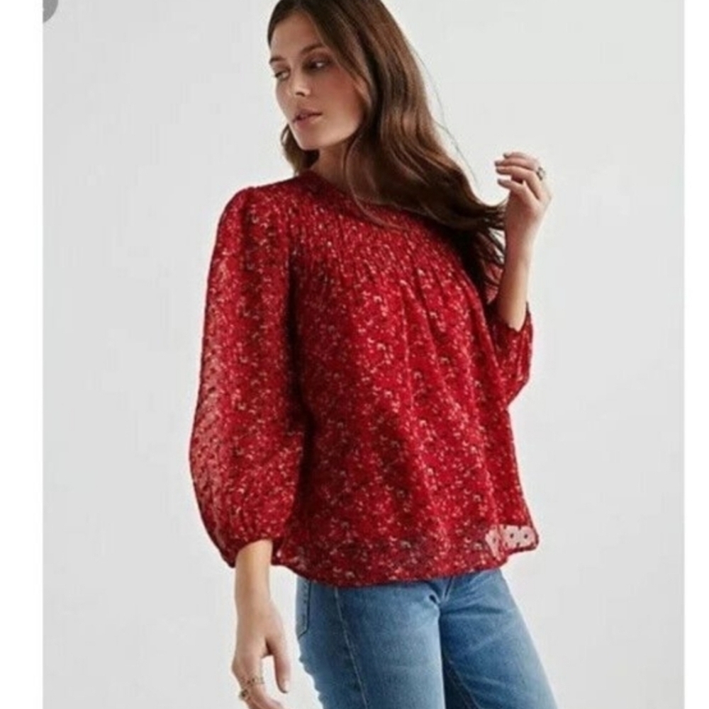 Lucky Brand semi sheer Swiss dot detail and floral print blouse. - Picture 3 of 12